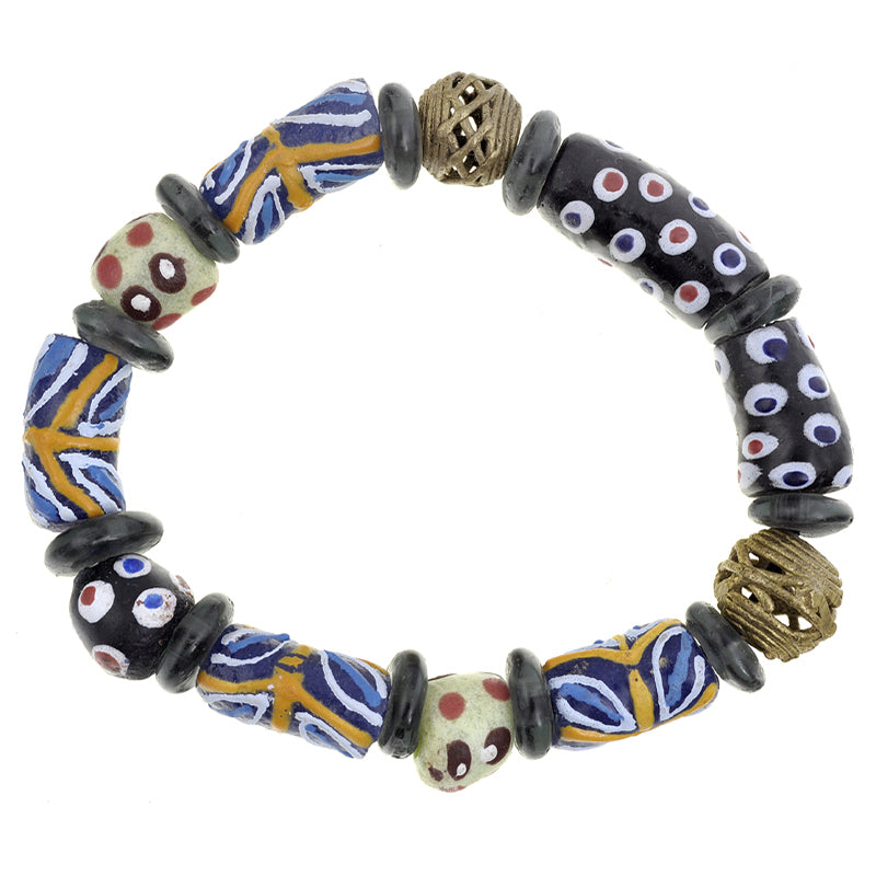 African trade beads Ashanti brass Krobo recycled powder glass handmade bracelet - Tribalgh