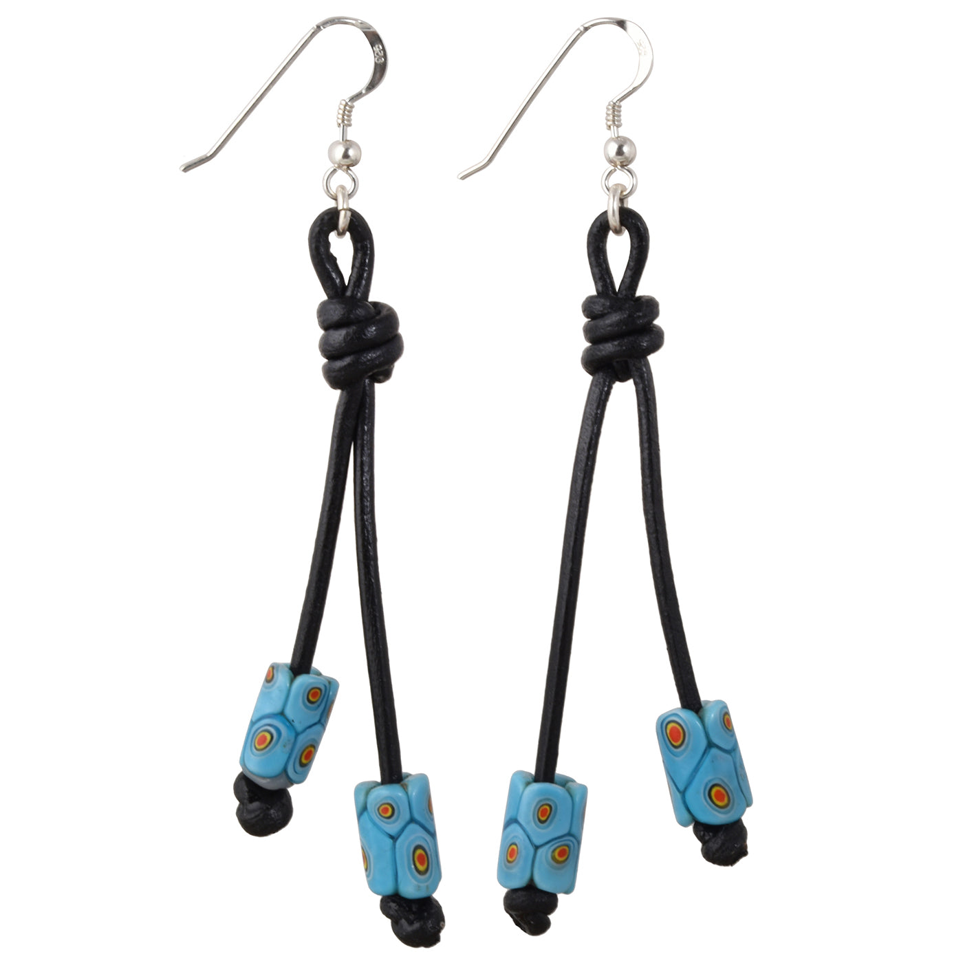 African trade beads antique millefiori earrings 925 sterling silver leather Boho - Tribalgh