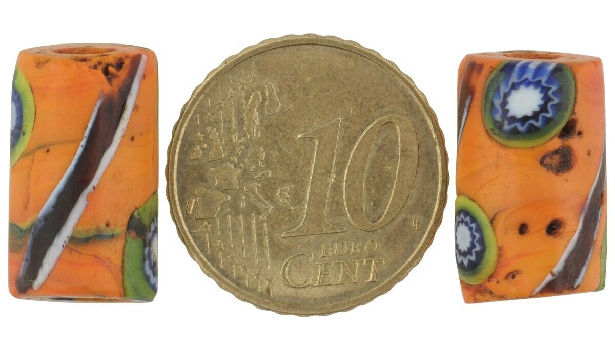 Seltene afrikanische Handelsperlen antikes Millefiori venezianisches Glas orange Murano-Mosaik - Tribalgh