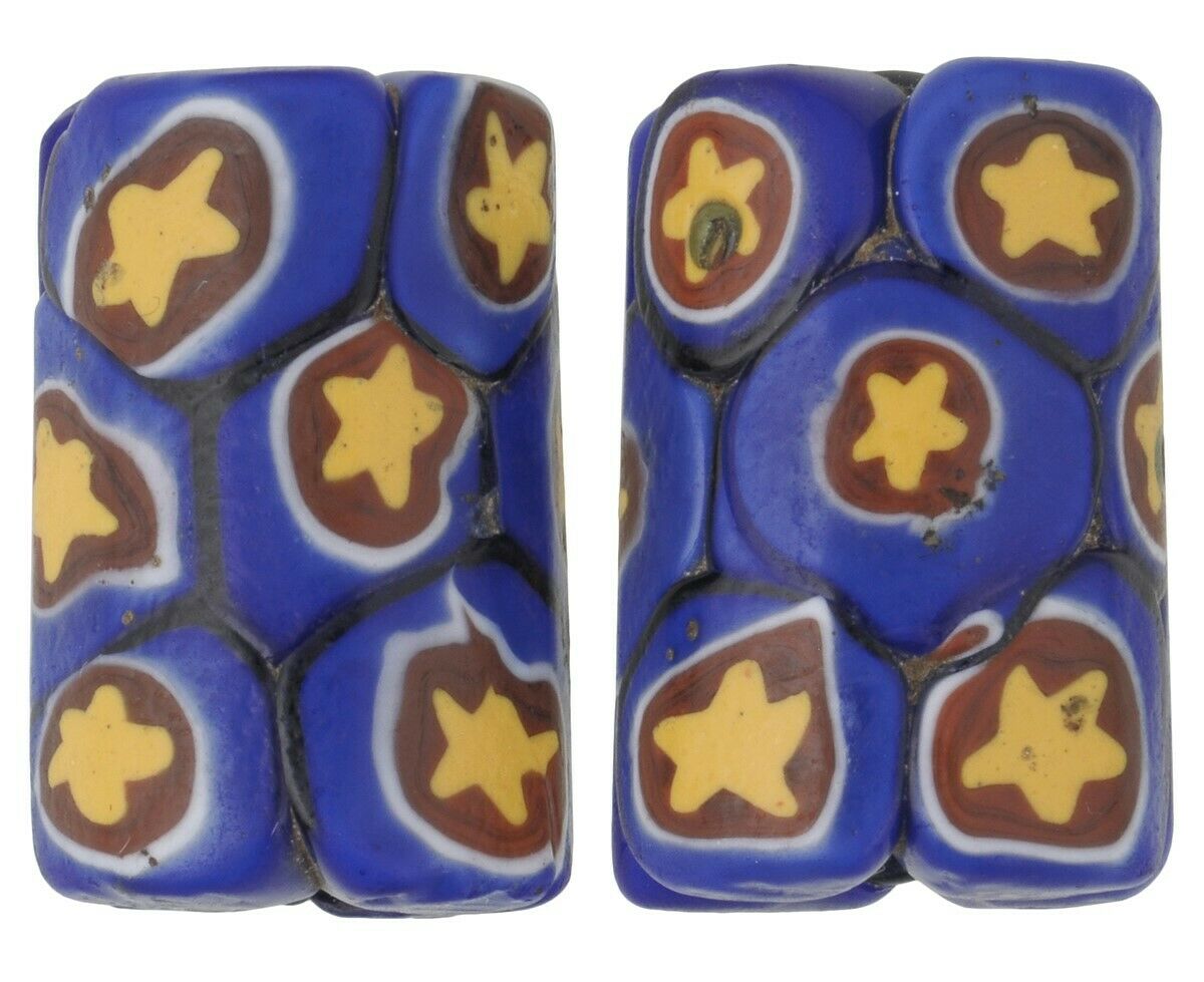 Antique African trade beads old Millefiori Venetian mosaic glass pair - Tribalgh