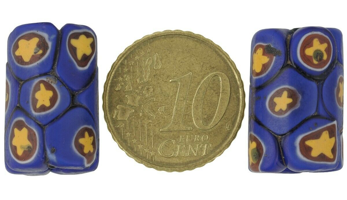 Antique African trade beads old Millefiori Venetian mosaic glass pair - Tribalgh