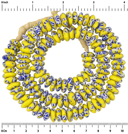 Handgefertigte afrikanische Handelsperlen - Geschmolzene Ghana-Glasscheiben 11–12 mm - vergrößertes Detail