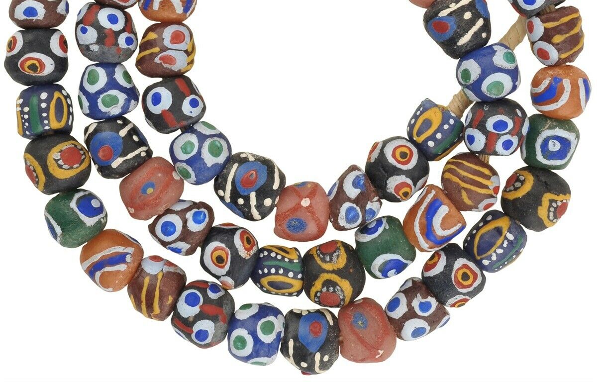 Recycled powder glass beads handmade African trade Ghana ceremonial necklace - Tribalgh