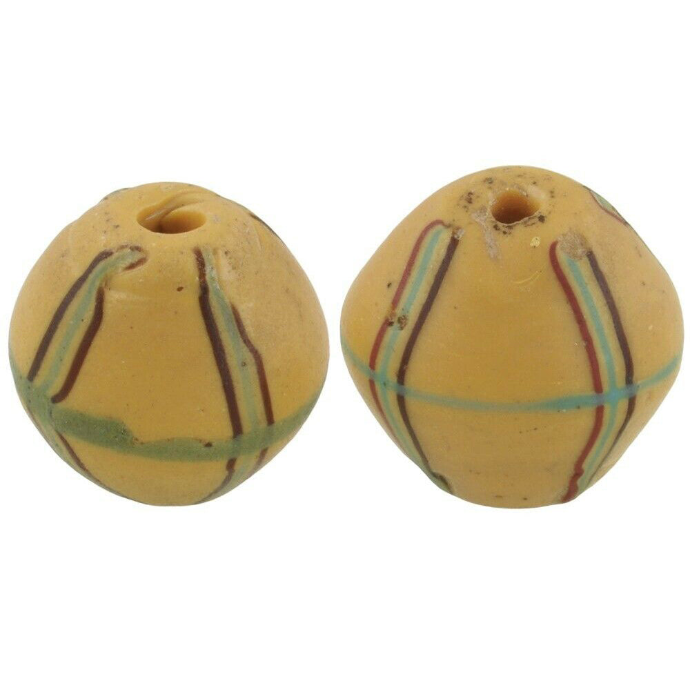 Antique African trade beads old Venetian glass wound lampwork yellow King bicone - Tribalgh