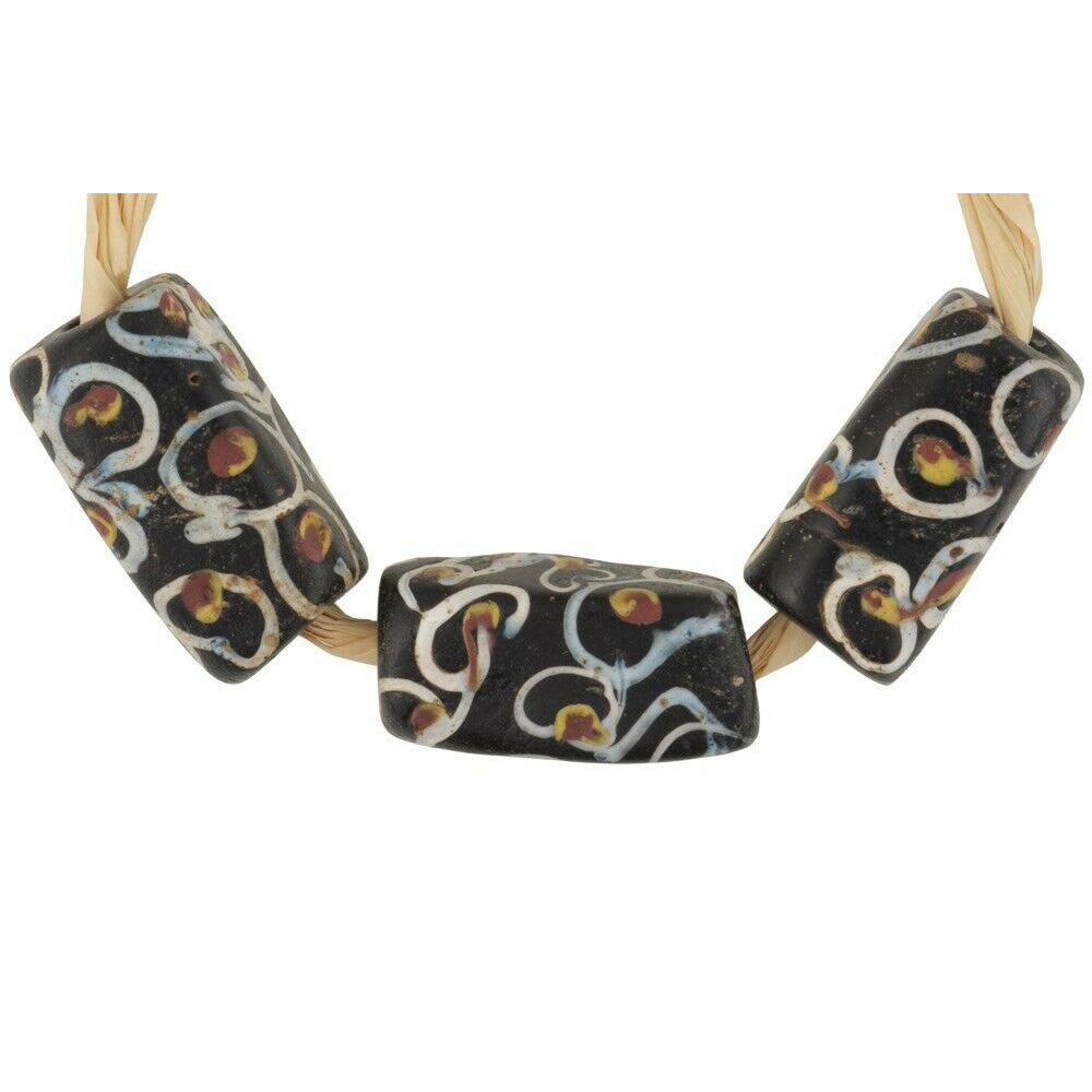 Old African trade beads antique rectangular Venetian glass lampwork black Fancy - Tribalgh