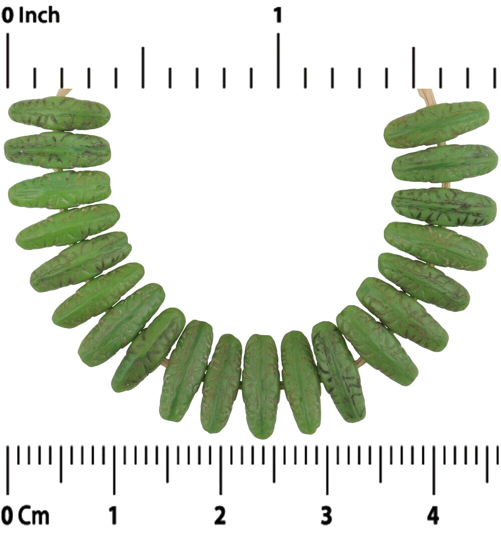 Old African Trade Beads Bohemian Czech Molded Glass Beads Green Spacers Ghana - close-up