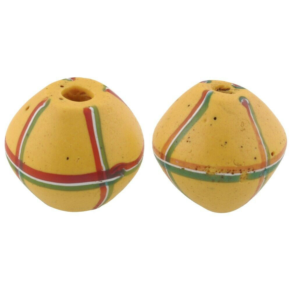 Old African trade beads yellow King Venetian glass beads striped bicone lampwork - Tribalgh