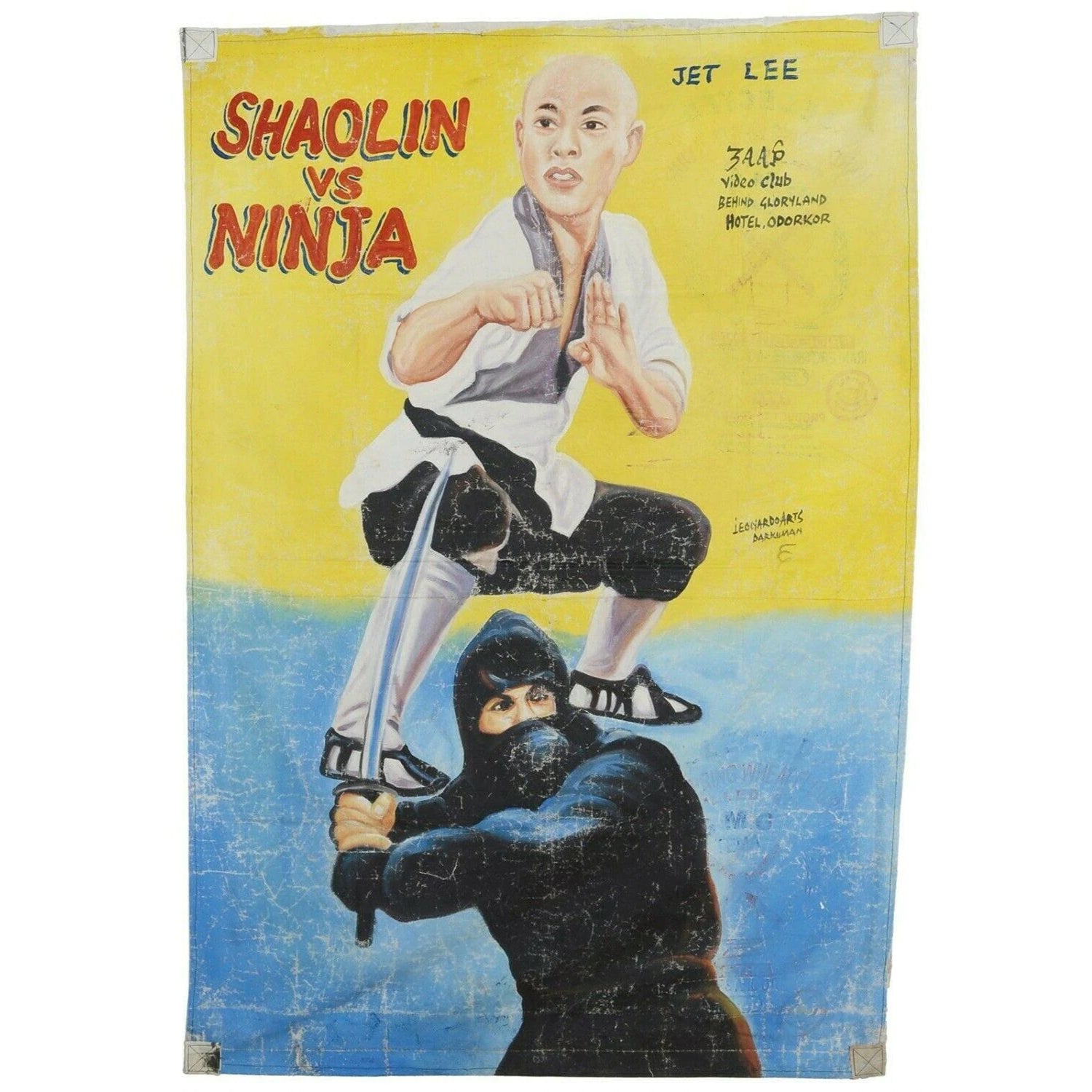 Αφίσα ταινίας της Γκάνας Αφρικανικός κινηματογράφος σακί αλευριού ζωγραφισμένος με λάδι SHAOLIN NINJA - Tribalgh
