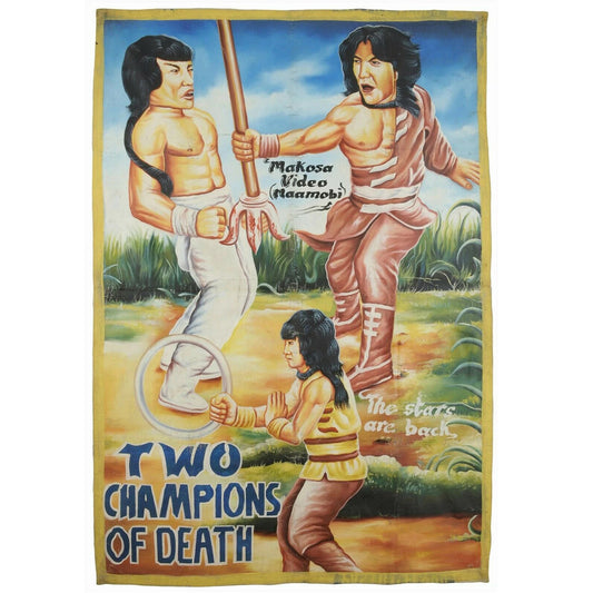 Poster del film Arte della parete del cinema africano dipinta a mano Ghana DUE CAMPIONI DELLA MORTE - Tribalgh