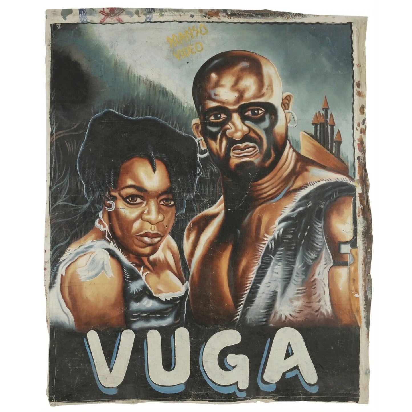 Póster de cine de película de Ghana pintado a mano africano usado saco de harina lienzo Art Vuga - Tribalgh