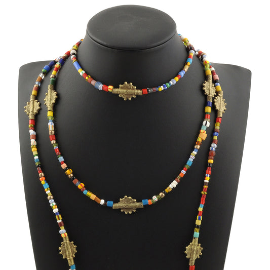 Old Christmas glass seed Beads LARIAT necklace African brass handmade jewelry - Tribalgh