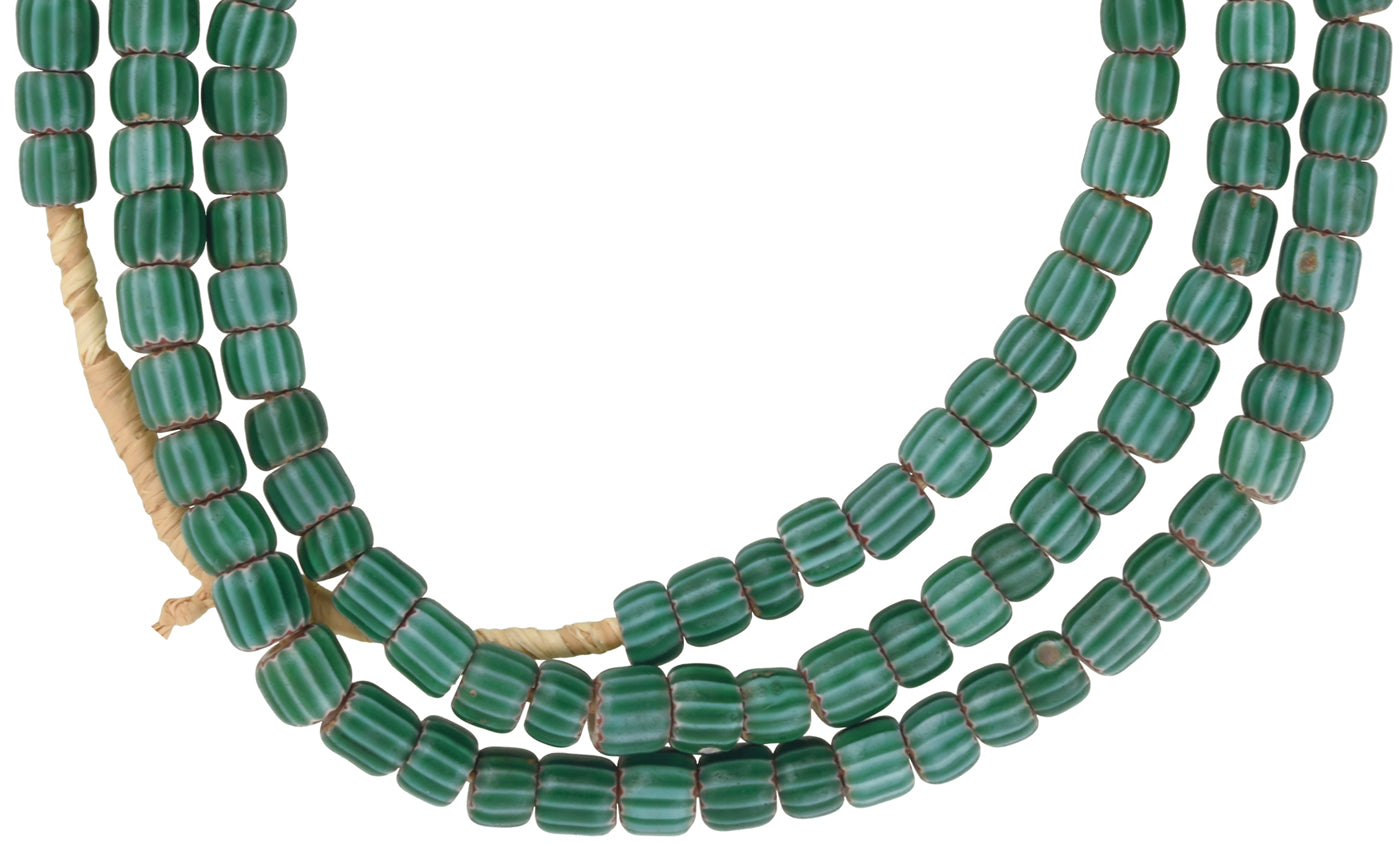 Antique Green Chevron Glass Trade Beads | 4-Layer Venetian Glass Beads - 4-5Mm, 25" Strand - close-up