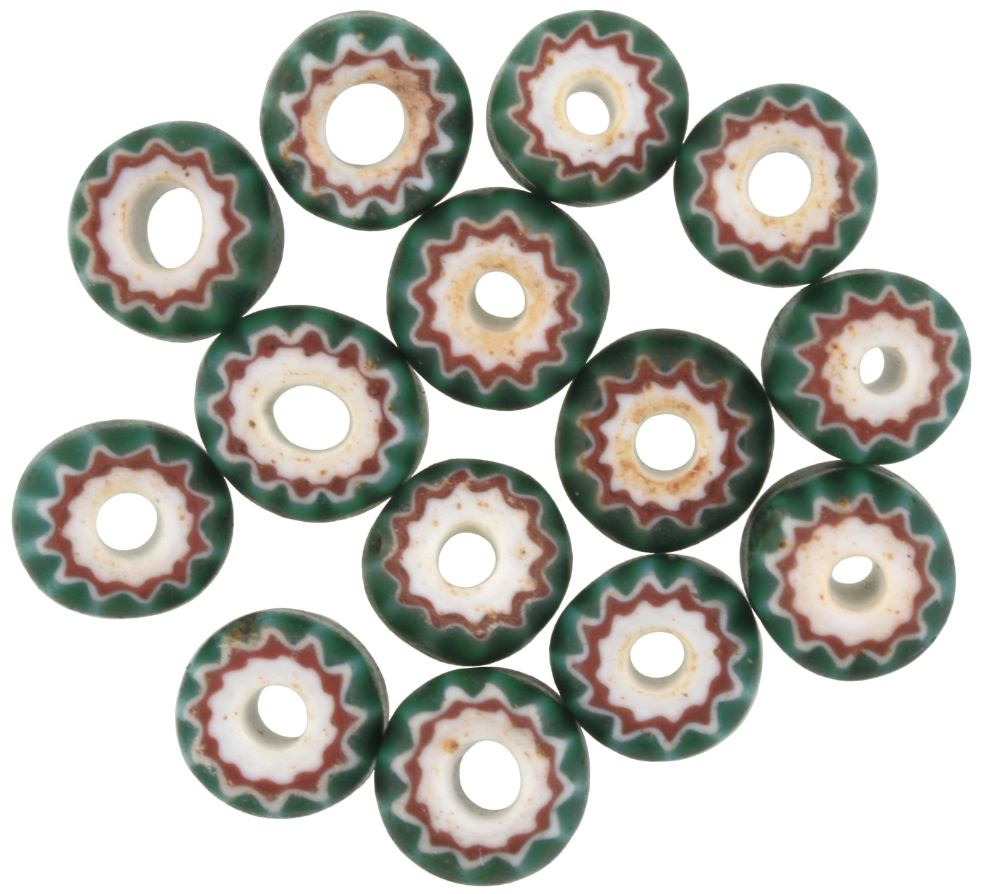 Antique Green Chevron Glass Trade Beads | 4-Layer Venetian Glass Beads - 4-5Mm, 25" Strand - zoomed-in detail