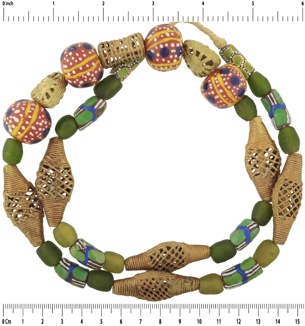 Glass brass trade beads Ashanti Ghana Krobo powder glass ethnic African necklace - Tribalgh