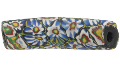 Rare Antique Venetian Elbow Millefiori Mosaic Glass Trade Bead 44X11Mm - close-up
