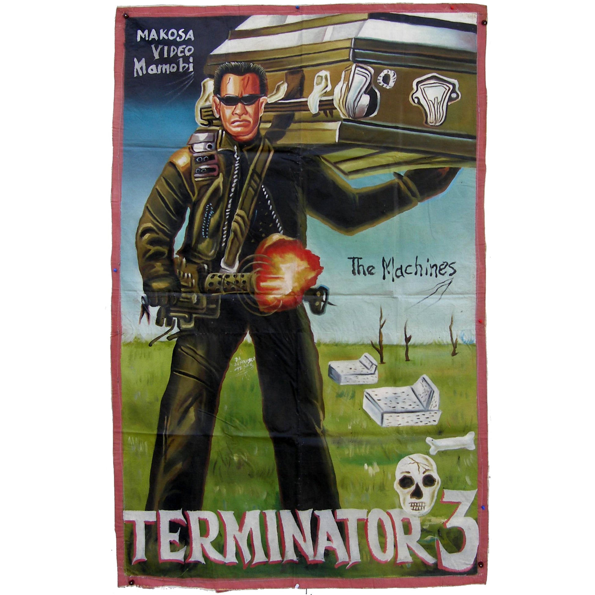 Terminator 3 movie poster hand painted in Ghana for local cinema film art on recycled flour sacks