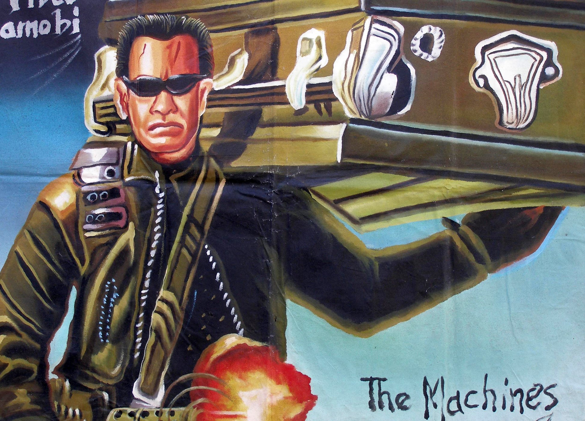 Terminator 3 movie poster hand painted in Ghana for local cinema film art on recycled flour sacks details